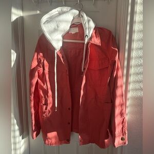 Coral Hooded Utility Jacket with White Hood